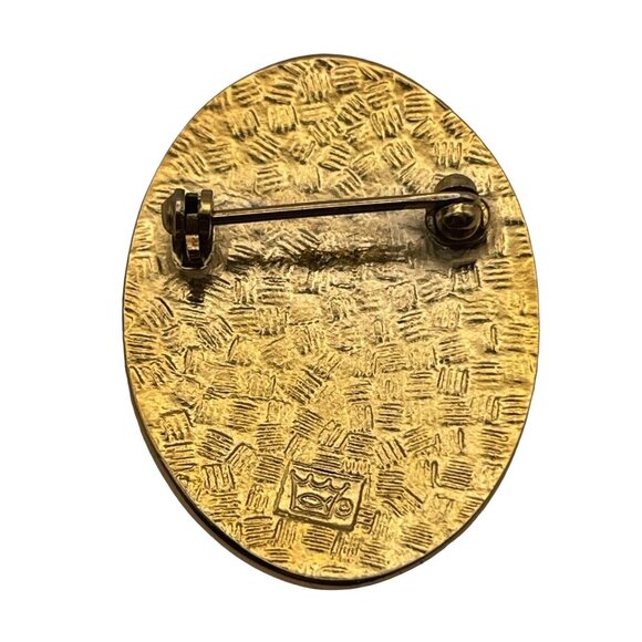 Vtg Fish & Crown Purple & Pink Oval Floral Flower Cloisonne Gold Tone Brooch Pin - Picture 3 of 8